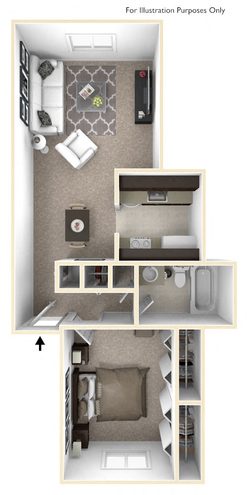 Floor plan for 1 bed, 1 bath, 680 sqft